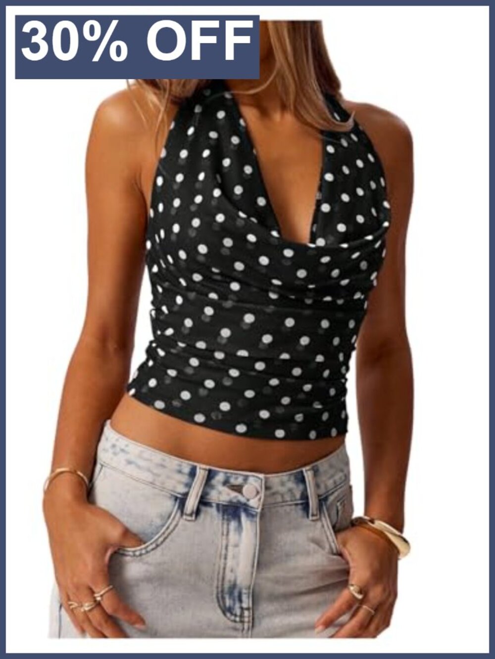Polka Dots Halter Top Cowl Neck Ruched Tie Backless Slim Fitted Crop Tank